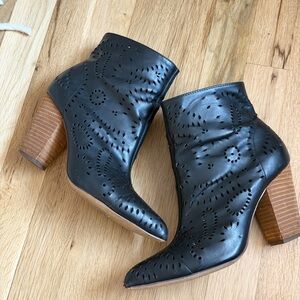 Black Leather Inspired Ankle Boots with Wooden Heel